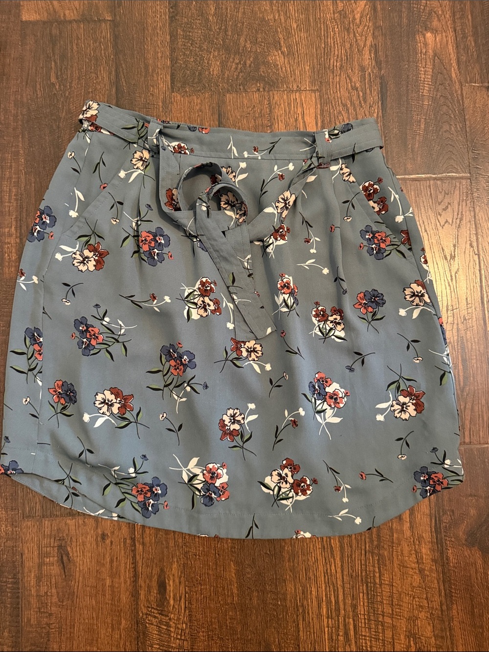 LOFT Dusty Blue Floral Tie-Waist A-Line Skirt